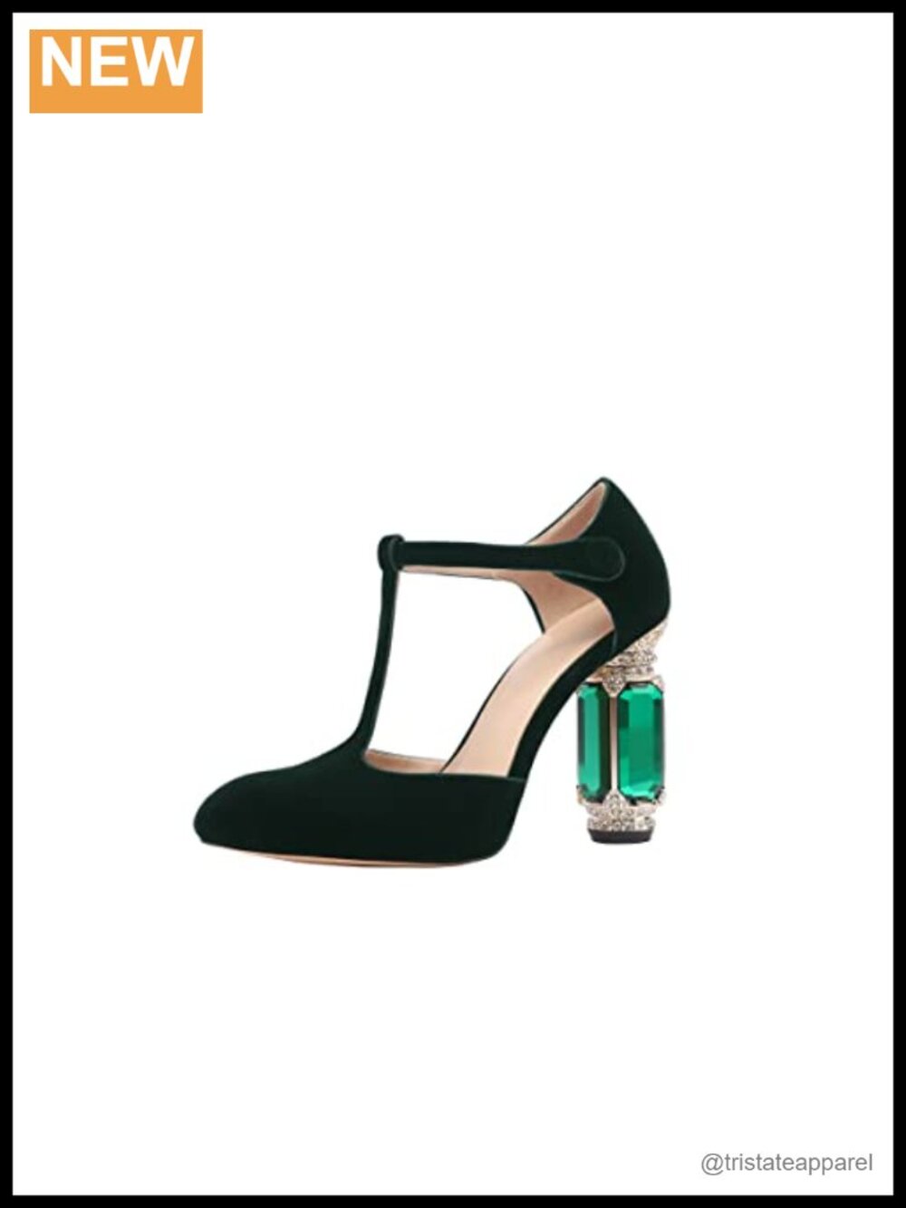 Women's Chunky High Heel Crystal Pumps with Rhinestone Suede T-Strap